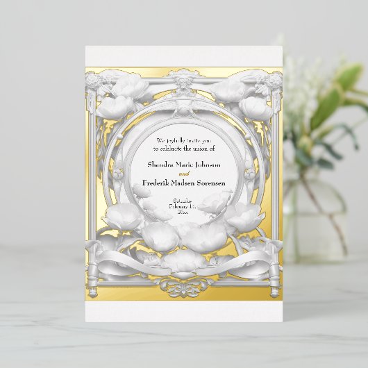 Weelderig gouden bloemenmotief, bruiloft Folie uit Folie Uitnodiging (Staand Voorkant)