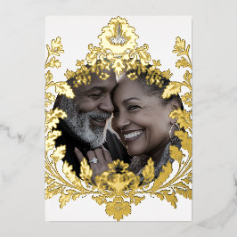 Weelderig gouden motief met foto, bruiloft, folie uitnodiging