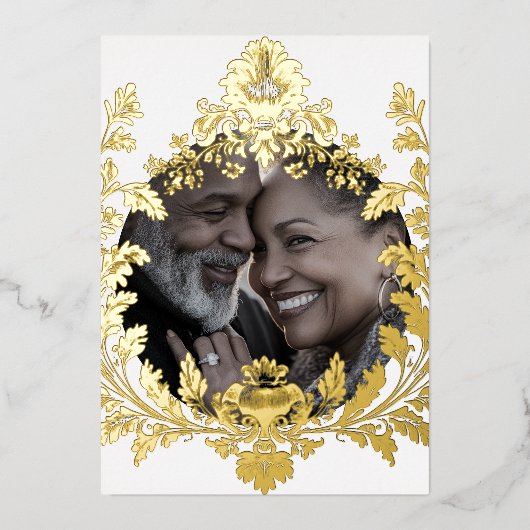 Weelderig gouden motief met foto, bruiloft, folie uitnodiging (Voorkant)