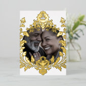 Weelderig gouden motief met foto, bruiloft, folie uitnodiging (Staand Voorkant)