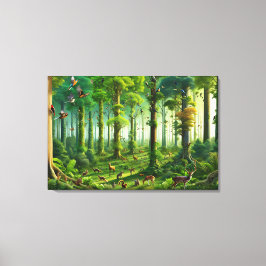 Weelderig groen bos met Schattigee vogels en diere Canvas Afdruk