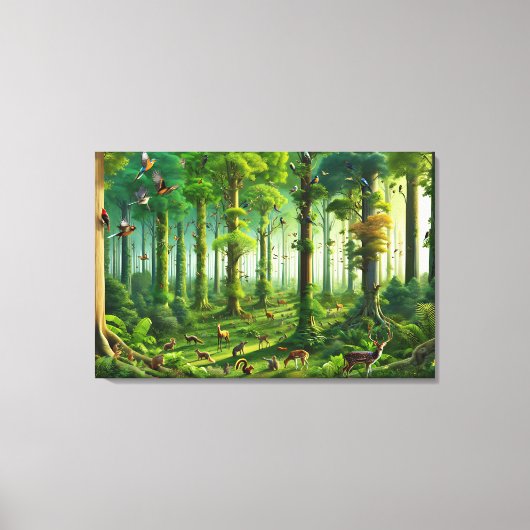Weelderig groen bos met Schattigee vogels en diere Canvas Afdruk (Voorkant)