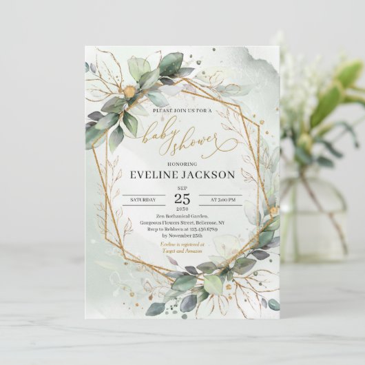 Weelderig groen eucalyptus en faux gouden baby sho kaart (Staand voorkant)