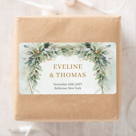 Weelderig groen gebladerte gouden lijst bruiloft etiket (Insitu)