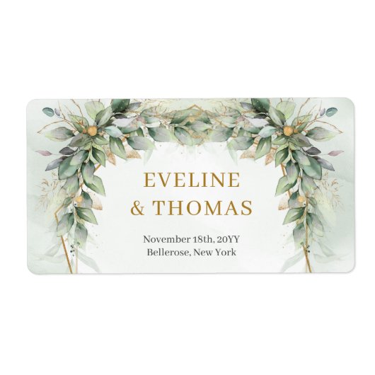 Weelderig groen gebladerte gouden lijst bruiloft etiket (Voorkant)