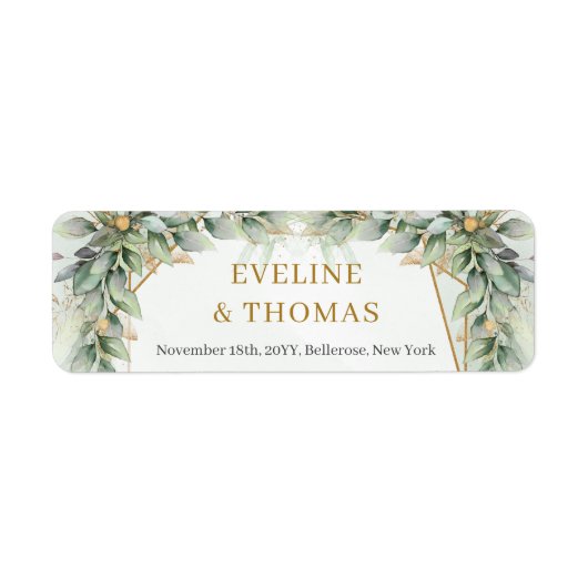 Weelderig groen gebladerte gouden lijst bruiloft etiket (Voorkant)