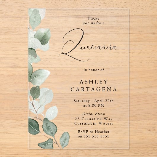 Weelderig groen verlaat moderne Quinceanera Acryl Uitnodigingen (Voorkant)