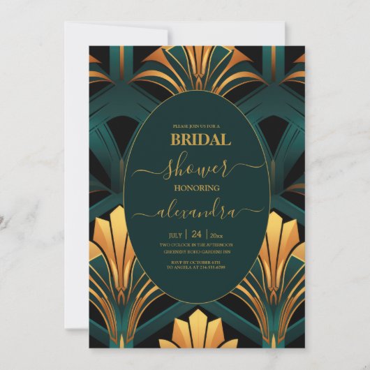 Weelderig groene en gouden Art Deco bruiloft Kaart (Voorkant)