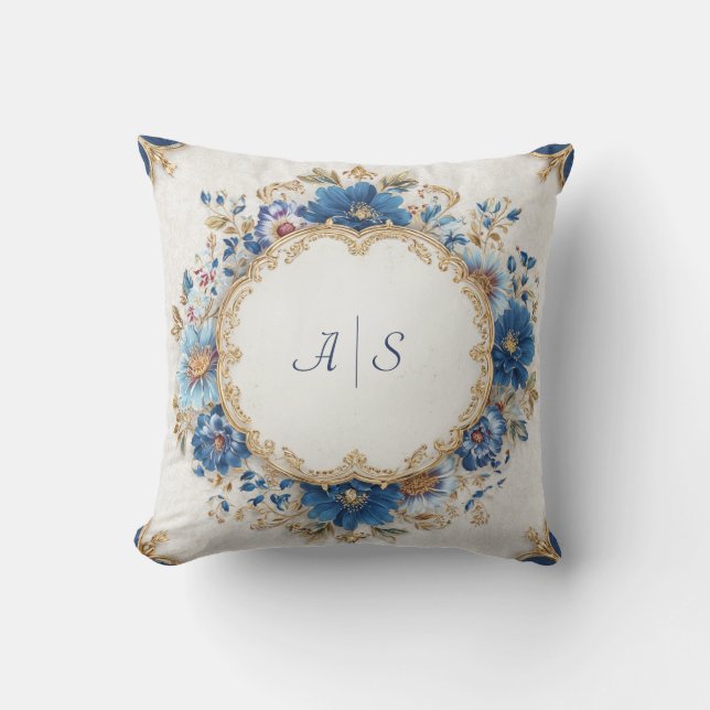Weelderig Koninklijk Blauw Gouden Rococo Bloem Ron Kussen (Voorkant)