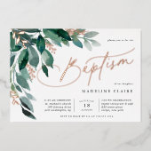 Weelderig Loofwerk | Groene Botanische Doop Folie Uitnodiging (Voorkant)