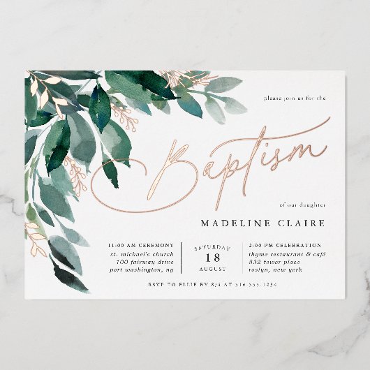 Weelderig Loofwerk | Groene Botanische Doop Folie Uitnodiging (Voorkant)