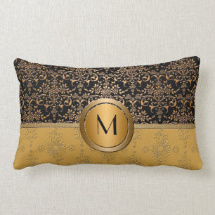 Weelderig Monogram Goud en Zwart Damast Ontwerp Kussen