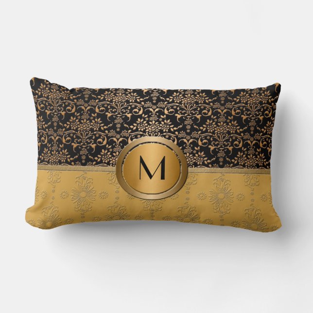 Weelderig Monogram Goud en Zwart Damast Ontwerp Kussen (Voorkant)