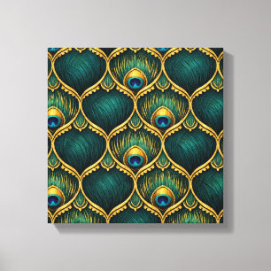 Weelderig Pauwveerpatroon in Smaragd & Goud Canvas Afdruk