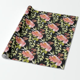 Weelderig rode bloemgroen op zwart cadeaupapier