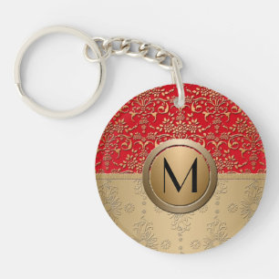 Weelderig rood en goud monogram damast patroon sleutelhanger