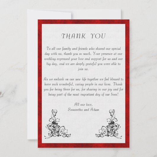 weelderig rood fluweel, zwart Ornamenten bruiloft  Bedankkaart (Voorkant)