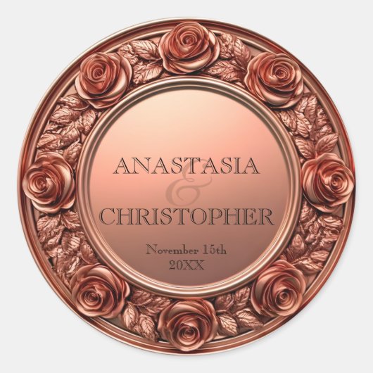Weelderig Roos Goud gebeeldhouwde Rozen Border Wed Ronde Sticker (Voorkant)