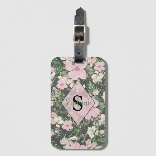 weelderig roze botanisch monogram bagagelabel (Voorkant (verticaal))