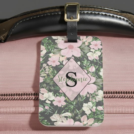  weelderig roze botanisch monogram bagagelabel