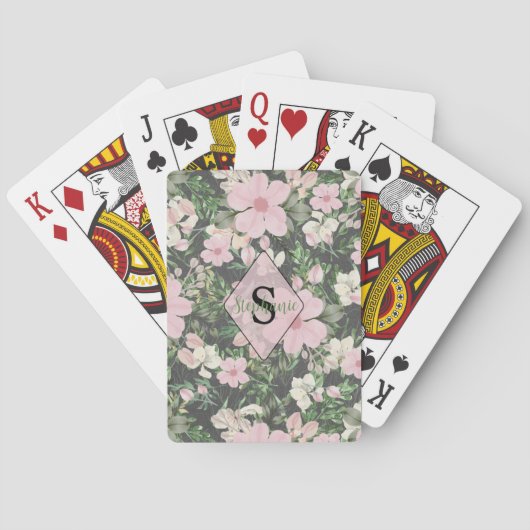  weelderig roze botanisch monogram pokerkaarten (Achterkant)