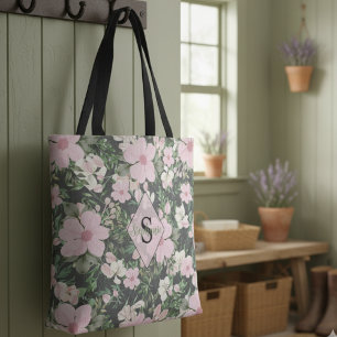  weelderig roze botanisch monogram tote bag