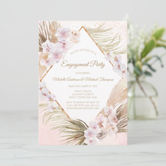 Weelderig Roze Gouden Aquarel Bloem Engagement Par Kaart (Staand voorkant)