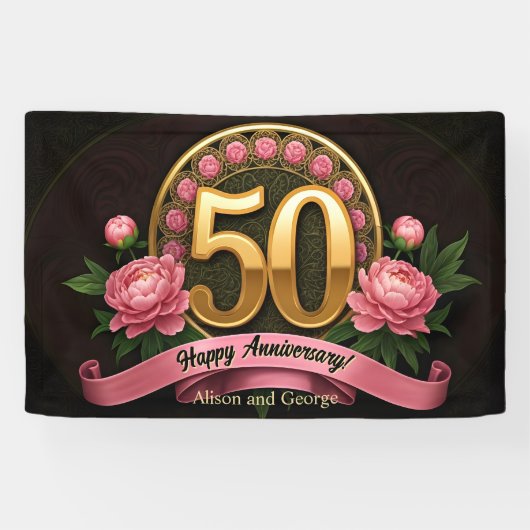 Weelderig Roze Pioenenrozen Goud 50ste bruiloft Ju Spandoek (Horizontaal)