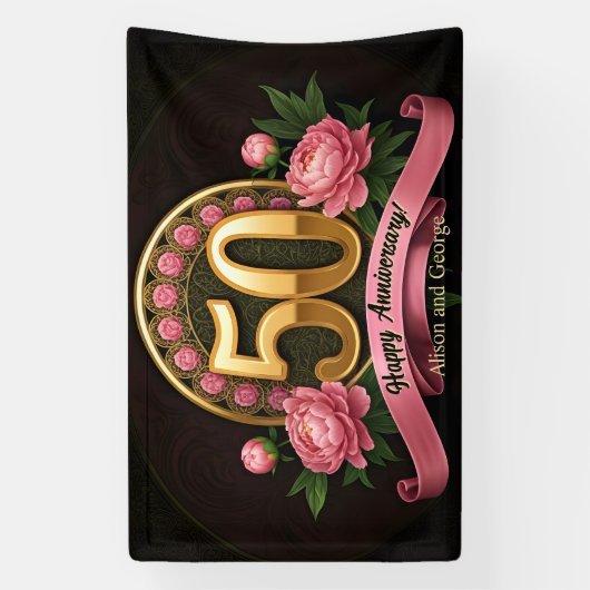 Weelderig Roze Pioenenrozen Goud 50ste bruiloft Ju Spandoek (Verticaal)