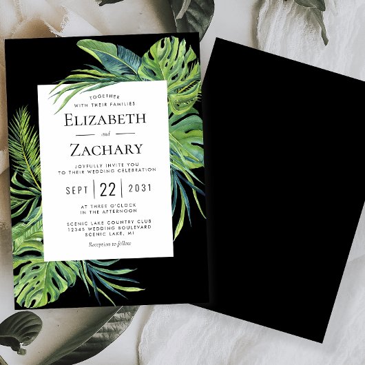 Weelderig Tropisch Blad Frame Zwart Bruiloft Kaart