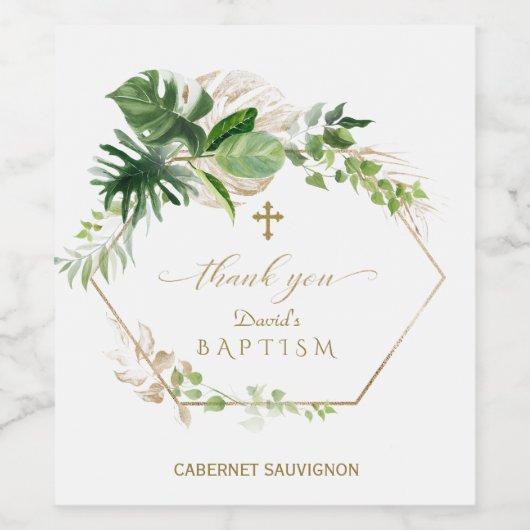 Weelderig Tropisch Gebladerte Gouden Kruis Jongens Wijn Etiket (Enkel label)