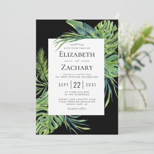 Weelderig Tropisch Lofwerk Frame Zwarte Trouw Kaart (Staand voorkant)