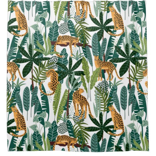 Weelderig tropisch oerwoud en leeuwenpatroon douchegordijn (Voorkant)