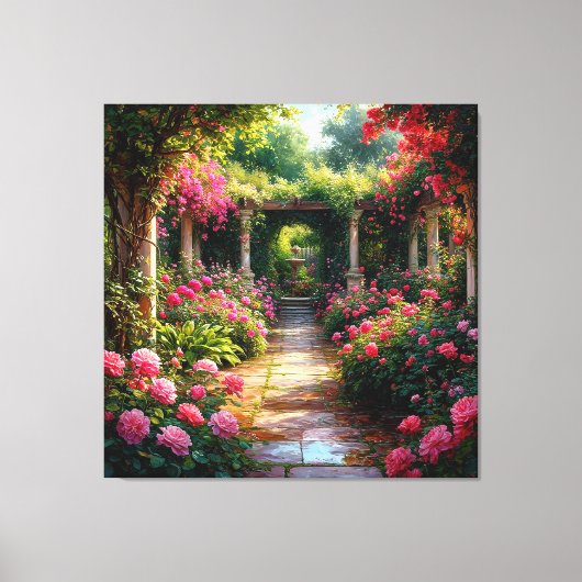 Weelderig tuinpad met rozenstruiken canvas afdruk (Voorkant)