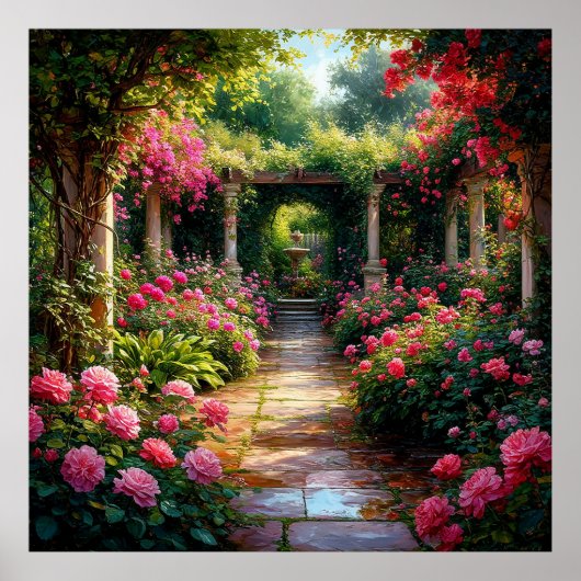 Weelderig Tuinpad Met Rozenstruiken Poster (Voorkant)