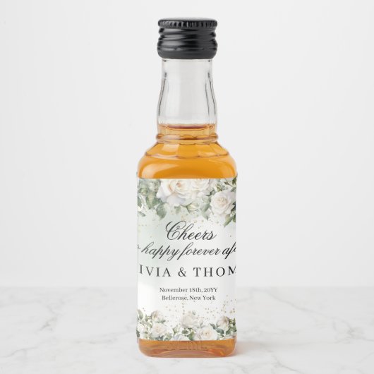 Weelderig waterverf boeket witte rozen groen likeurfles etiket (Voorkant)