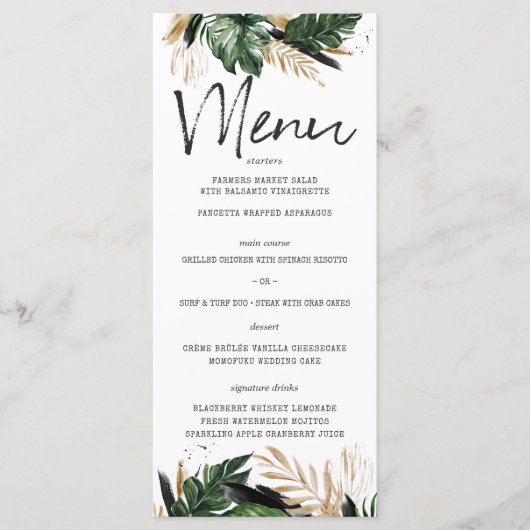 Weelderig zomergroen tropisch trouwmenu menu (Voorkant)