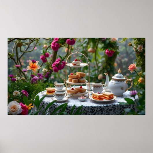 Weelderige Afternoon Tea Setup in de tuin Poster (Voorkant)