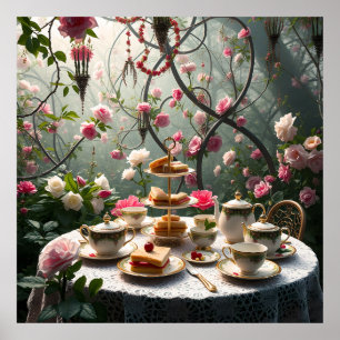 Weelderige Afternoon Tea Setup in de tuin Poster