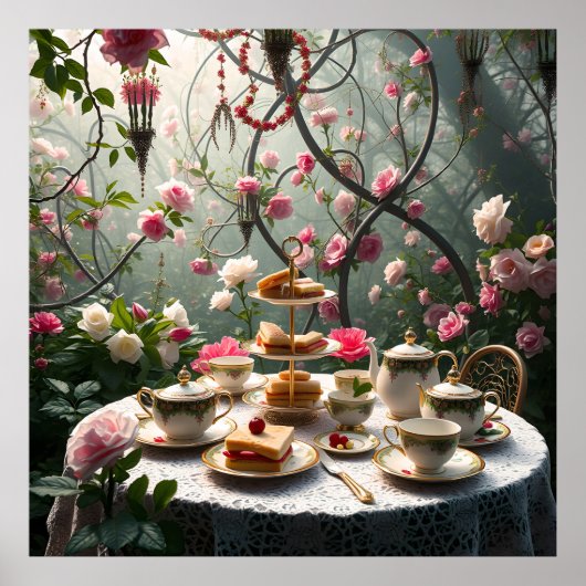 Weelderige Afternoon Tea Setup in de tuin Poster (Voorkant)
