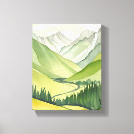 Weelderige Bergen | Groene Aquarel Landschap Canvas Afdruk