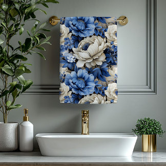 Weelderige blauwe en ivoorkleurige bloemen badhand bad handdoek