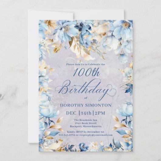 Weelderige Blauwe Witte Waterverf Bloem 100ste Ver Kaart (Voorkant)