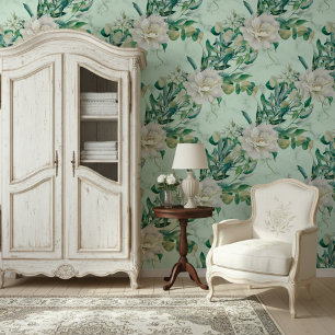 Weelderige bloemen en elegant groen marmeren patro behang