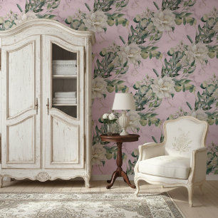 Weelderige bloemen en elegant roze marmeren patroo behang