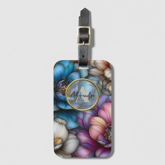 Weelderige bloemen met glinsterende gouden contour bagagelabel (Voorkant (verticaal))