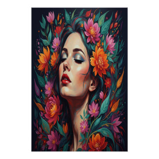 "Weelderige Bloemendroom Vrouw | Levendig Portret Perfect Poster