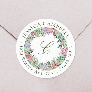 Weelderige bloemenkrans monogram retouradres ronde sticker