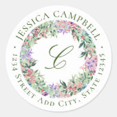 Weelderige bloemenkrans monogram retouradres ronde sticker (Voorkant)