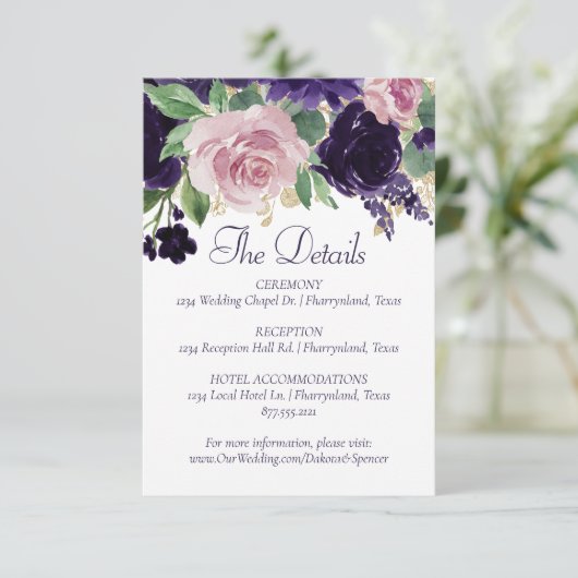 weelderige bloesems | Paarse en roze roos bloemdet Informatiekaartje (Staand voorkant)